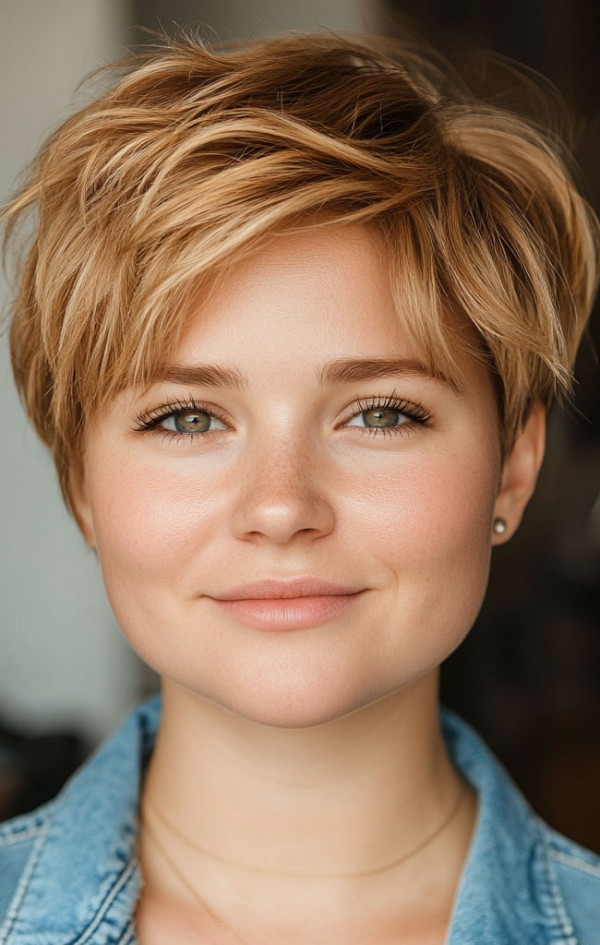 Playful Blonde Pixie for a Fresh, Youthful Look, Flattering Short Haircuts for Chubby Women, Chic Short Haircuts for Plus-Size Women, short haircut for round faces, short haircuts for full faces, Best Short Hairstyles for Chubby Faces