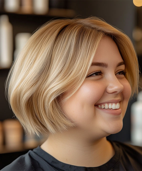 33 Flattering Short Haircuts for Chubby Women : Sleek Blonde Bob for a Radiant Glow