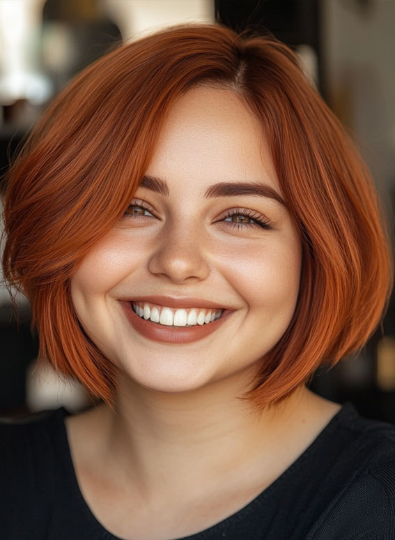 Bold Ginger Bob for a Vibrant Look, Flattering Short Haircuts for Chubby Women, Chic Short Haircuts for Plus-Size Women, short haircut for round faces, short haircuts for full faces, Best Short Hairstyles for Chubby Faces