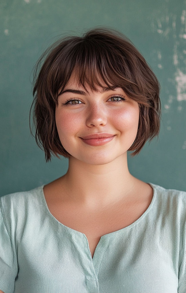 33 Flattering Short Haircuts for Chubby Women : Soft Textured Bob with Fringe for a Sweet Look