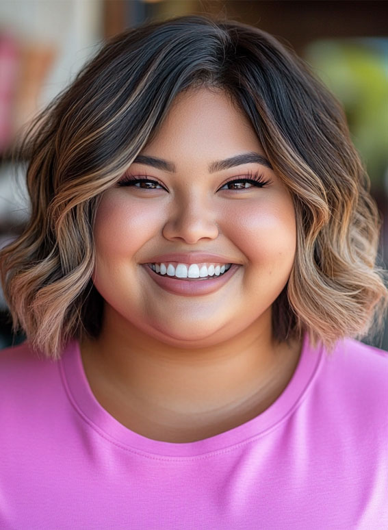 Dimensional Wavy Bob for a Playful Look, Flattering Short Haircuts for Chubby Women, Chic Short Haircuts for Plus-Size Women, short haircut for round faces, short haircuts for full faces, Best Short Hairstyles for Chubby Faces