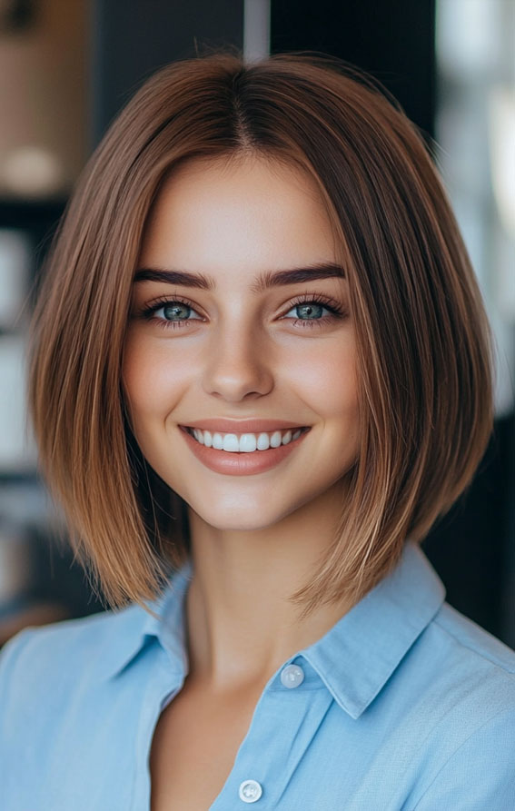 50 Low-Maintenance Short Haircuts Without the Fuss : Warm Brown Sleek Classic Bob