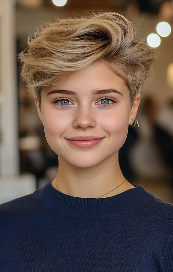 50 Low-Maintenance Short Haircuts Without the Fuss : Soft Blonde Windswept Layered Pixie