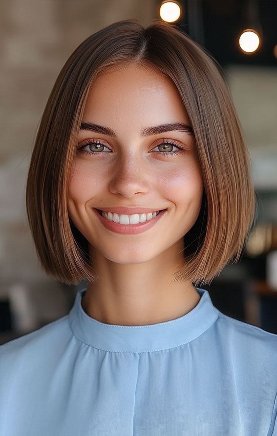 Neutral Brown Sleek Blunt Bob, Low-Maintenance Short Haircut, short haircut, short hairstyle, Low maintenance short haircut for fine hair, Low maintenance short haircuts for women