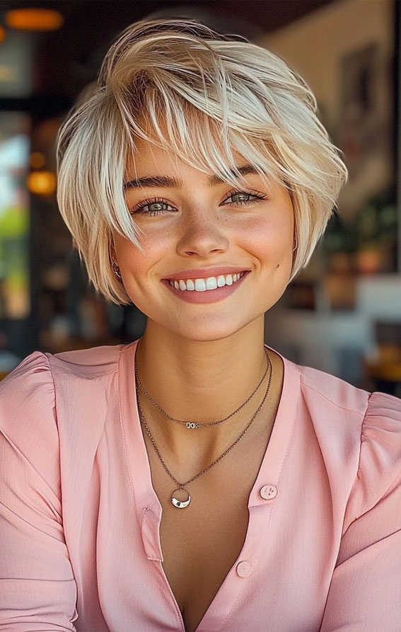 Playful Icy Platinum Bixie, Low-Maintenance Short Haircut, short haircut, short hairstyle, Low maintenance short haircut for fine hair, Low maintenance short haircuts for women