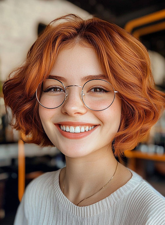 50 Low-Maintenance Short Haircuts Without the Fuss : Voluminous Copper Bob with Retro Waves