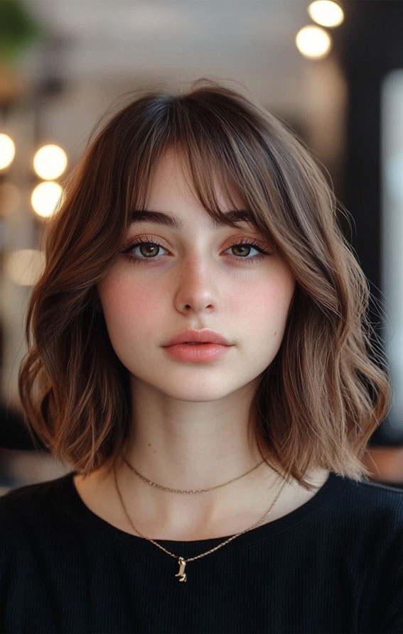 50 Low-Maintenance Short Haircuts Without the Fuss : Soft Wavy Bob with Wispy Bangs