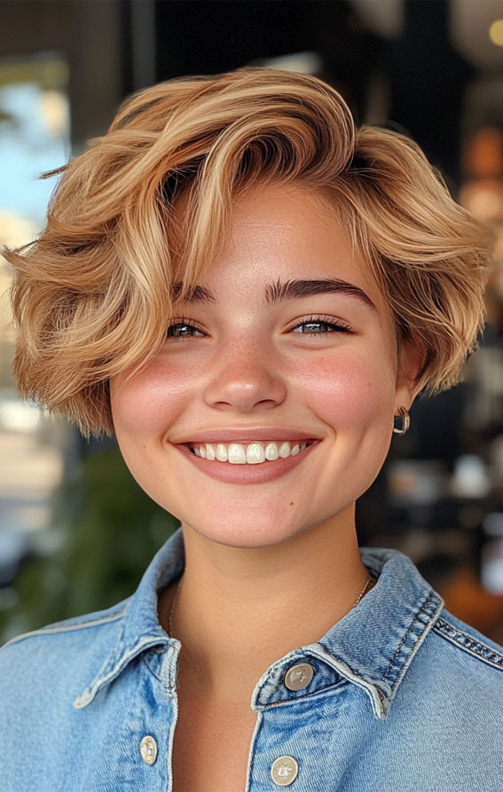 50 Low-Maintenance Short Haircuts Without the Fuss : Wavy Blonde Pixie with Voluminous Texture