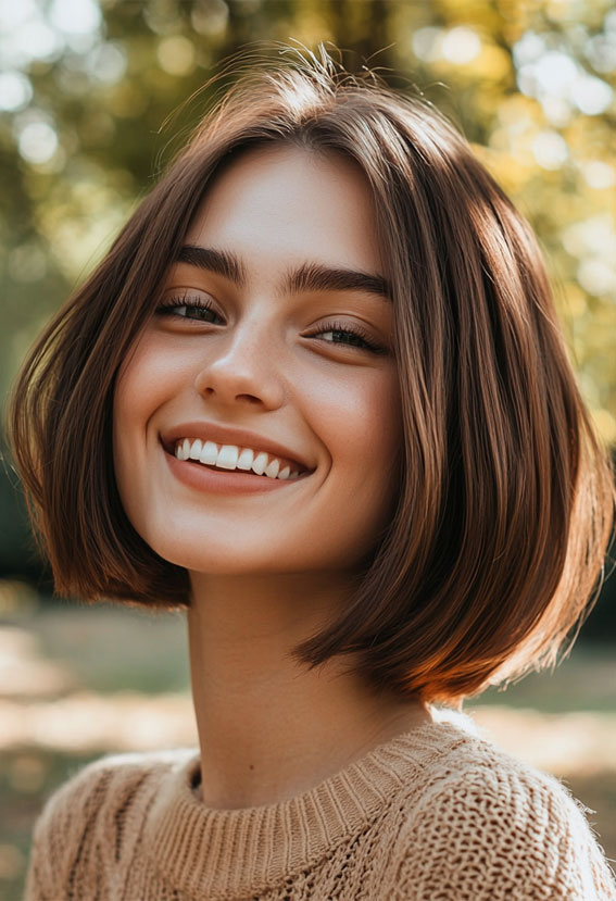 50 Low-Maintenance Short Haircuts Without the Fuss : Chestnut Brown Sleek Bob