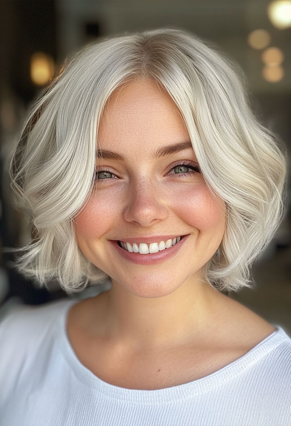 50 Low-Maintenance Short Haircuts Without the Fuss : Icy Platinum Wavy Bob with Soft Layers