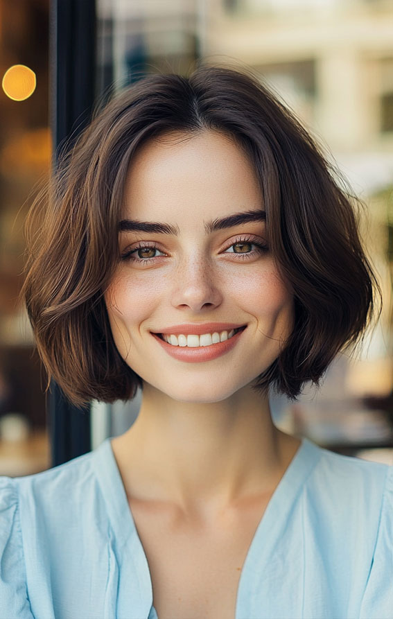 50 Low-Maintenance Short Haircuts Without the Fuss : Deep Brown Effortless Chic Bob with Soft Waves