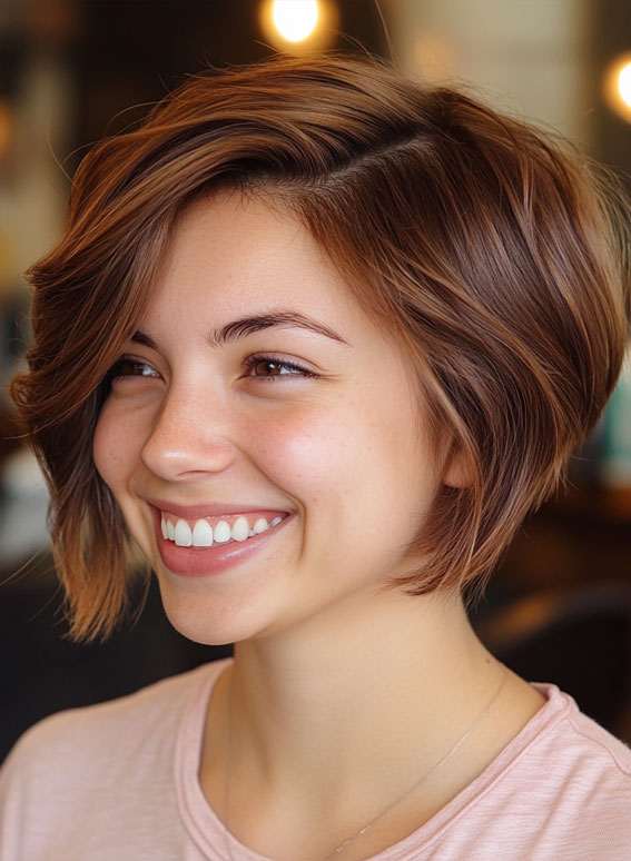 50 Low-Maintenance Short Haircuts Without the Fuss : Rich Chestnut Side-Swept Bob