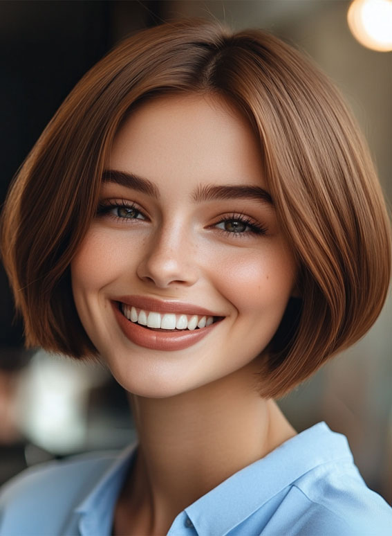 50 Low-Maintenance Short Haircuts Without the Fuss : Light Brown Sleek Centre-Parted Bob