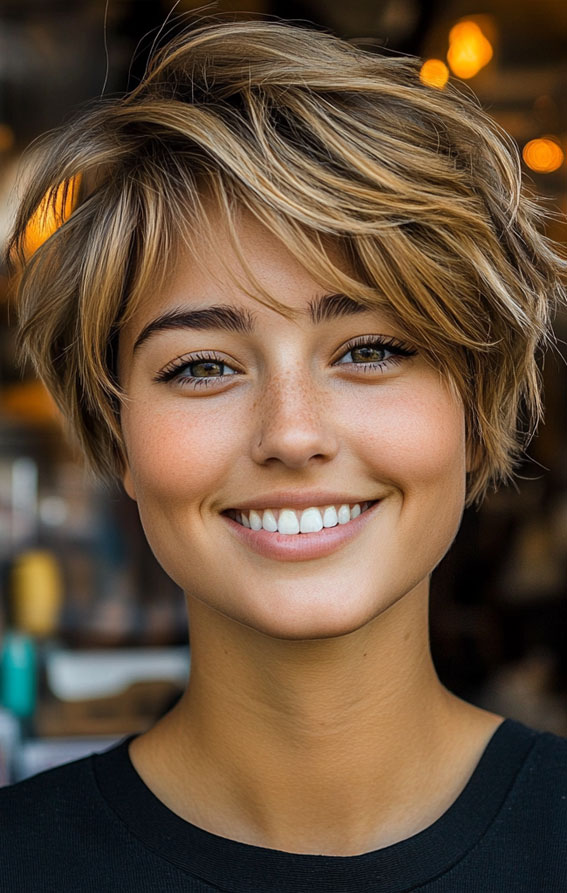 Textured Shaggy Pixie Blonde Highlights, Low-Maintenance Short Haircut, short haircut, short hairstyle, Low maintenance short haircut for fine hair, Low maintenance short haircuts for women