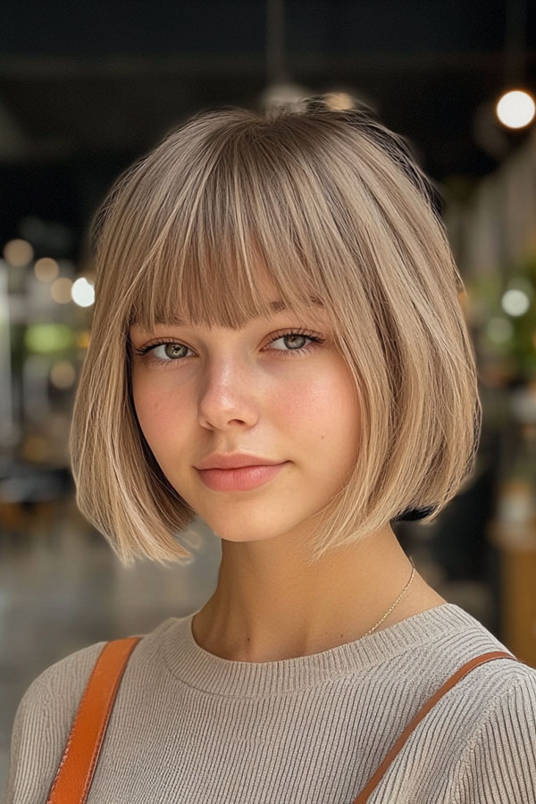 50 Low-Maintenance Short Haircuts Without the Fuss : Blunt Bob with Straight Bangs