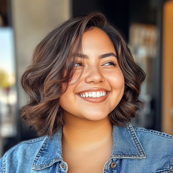 33 Flattering Short Haircuts for Chubby Women : Warm Brunette Tousled Bob for a Radiant Look