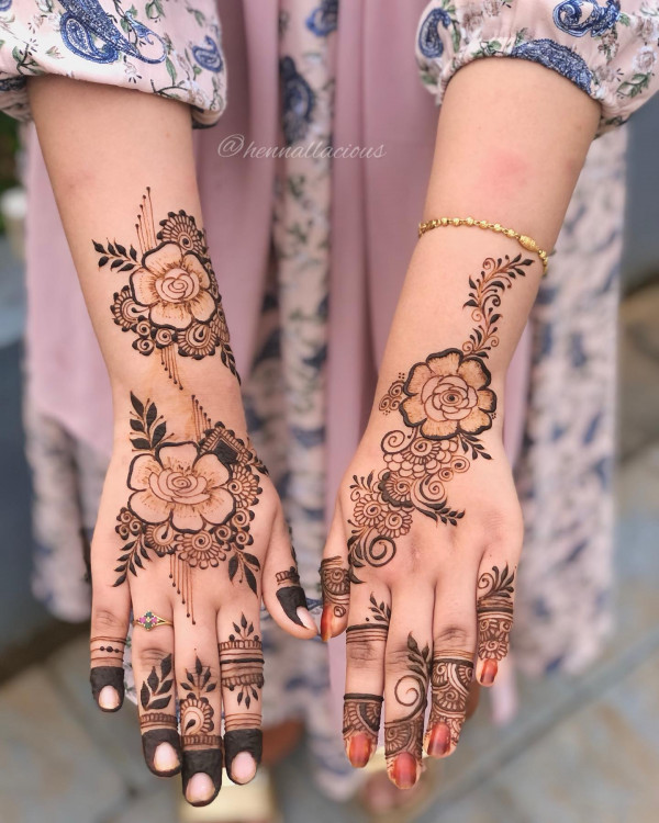 Romantic Rose Henna, floral bridal henna design, henna patterns for the modern bride , Modern wedding Elegant Floral Swirl Henna, henna designs, Floral Cascade Henna, Wedding henna designs, Simple wedding henna designs, Henna designs for wedding guest, Bridal Henna Designs