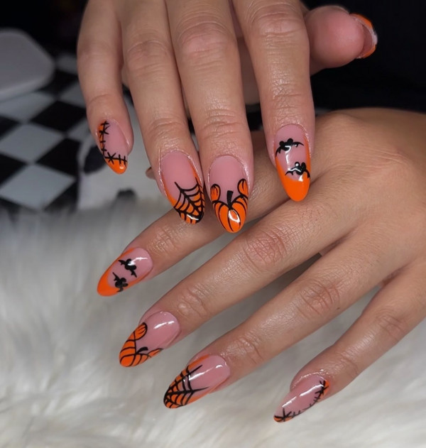 35 Spooky Halloween Nail Art Ideas : Orange Spiderweb & Bat Halloween Nails