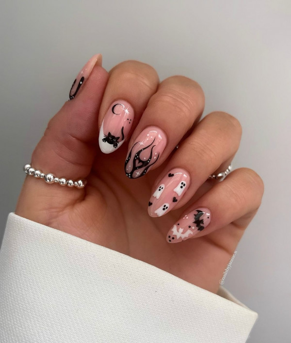 35 Spooky Halloween Nail Art Ideas : Ghostly Cat & Flames Halloween Nails