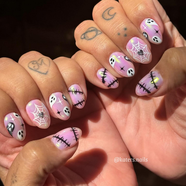 35 Spooky Halloween Nail Art Ideas : Pastel Ghost & Stitch Halloween Nails