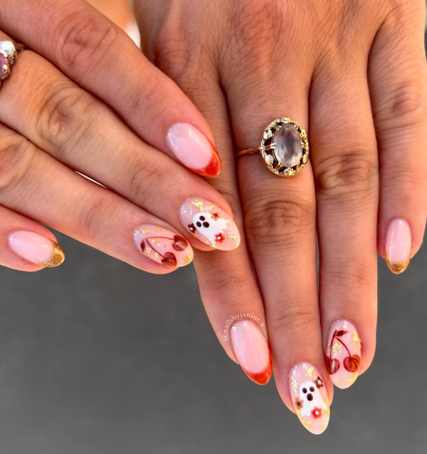 35 Spooky Halloween Nail Art Ideas : Golden Autumn Ghost Nails