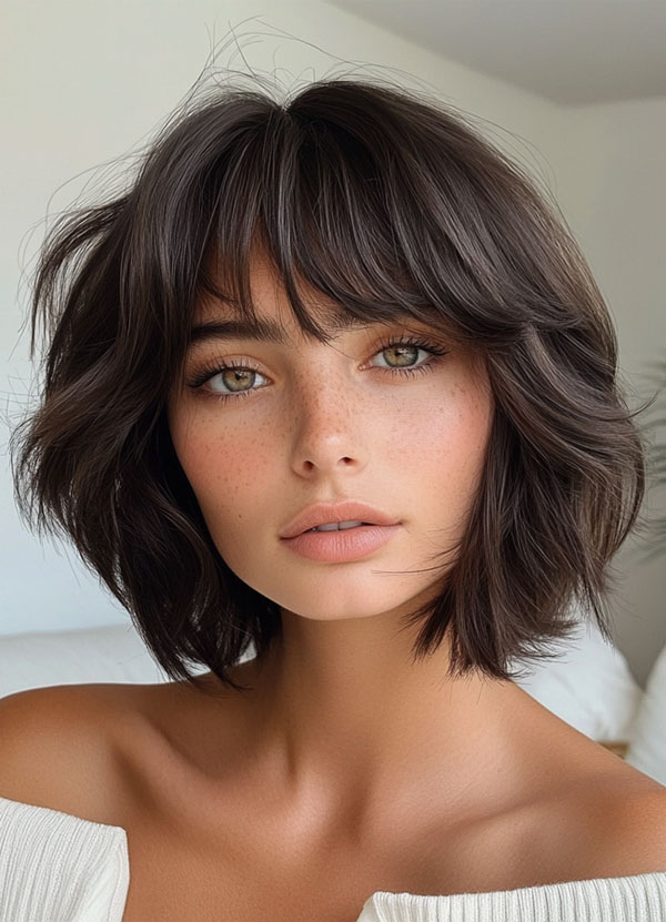 50 Low-Maintenance Short Haircuts Without the Fuss : Textured Bob with Bangs