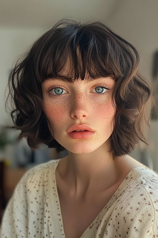 50 Low-Maintenance Short Haircuts Without the Fuss : Effortless Textured Bob with Full Bangs