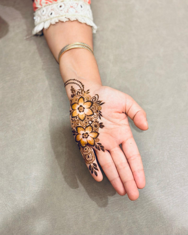 Golden Bloom Delight, front hand henna designs, Front hand henna designs simple and beautiful, Mehndi design photo front hand, Stylish front hand mehndi design, Aesthetic Mehndi design Front hand