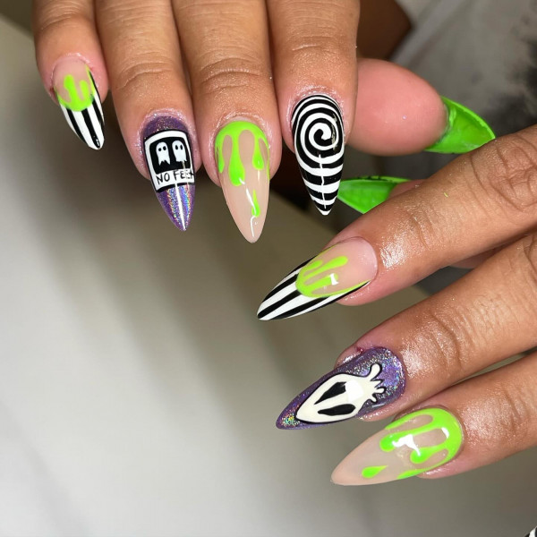 35 Spooky Halloween Nail Art Ideas : Neon Slime & Stripes Halloween Nails