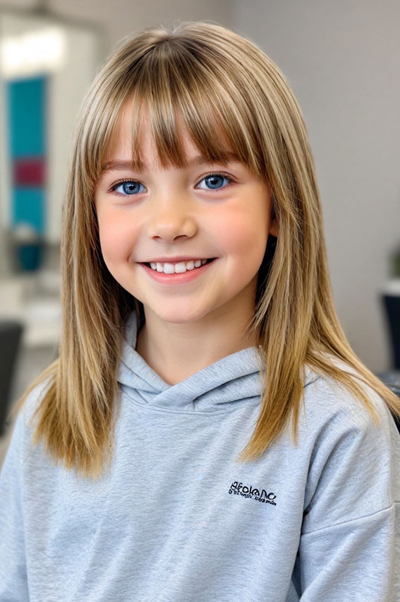 Straight Layers with Wispy Bangs, 10 year old haircuts girl, 10 year old Haircuts girl long hair, 10 year old haircuts girl straight hair, 10 Year old Haircuts Girl medium length, Cute Girl Haircuts, Teenage girl Haircuts medium length, Hair cut for girls kids, Cute Haircuts for 10-Year-Old Girls