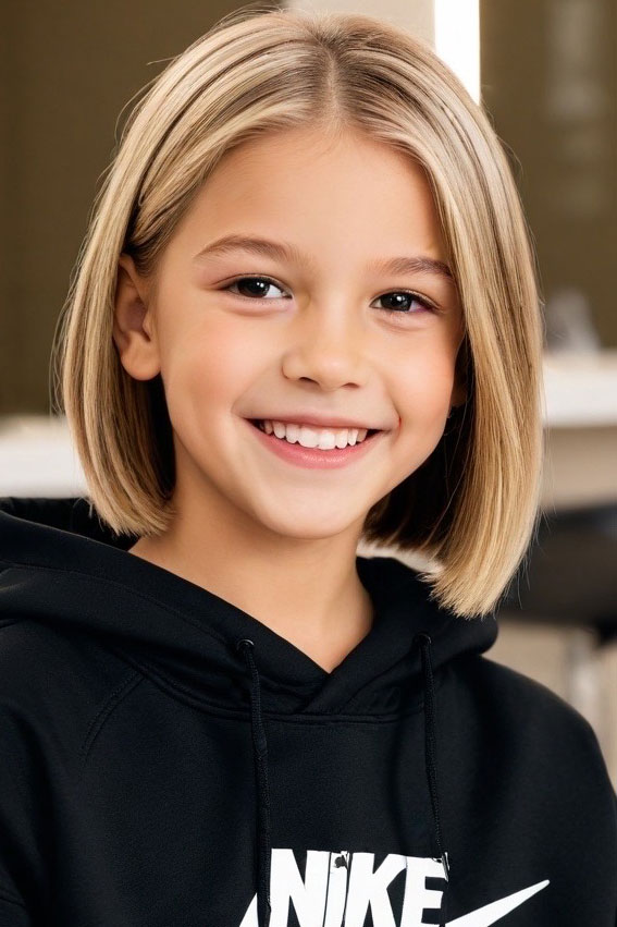 Sleek Blonde Bob with a Modern Twist, 10 year old haircuts girl, 10 year old Haircuts girl long hair, 10 year old haircuts girl straight hair, 10 Year old Haircuts Girl medium length, Cute Girl Haircuts, Teenage girl Haircuts medium length, Hair cut for girls kids, Cute Haircuts for 10-Year-Old Girls