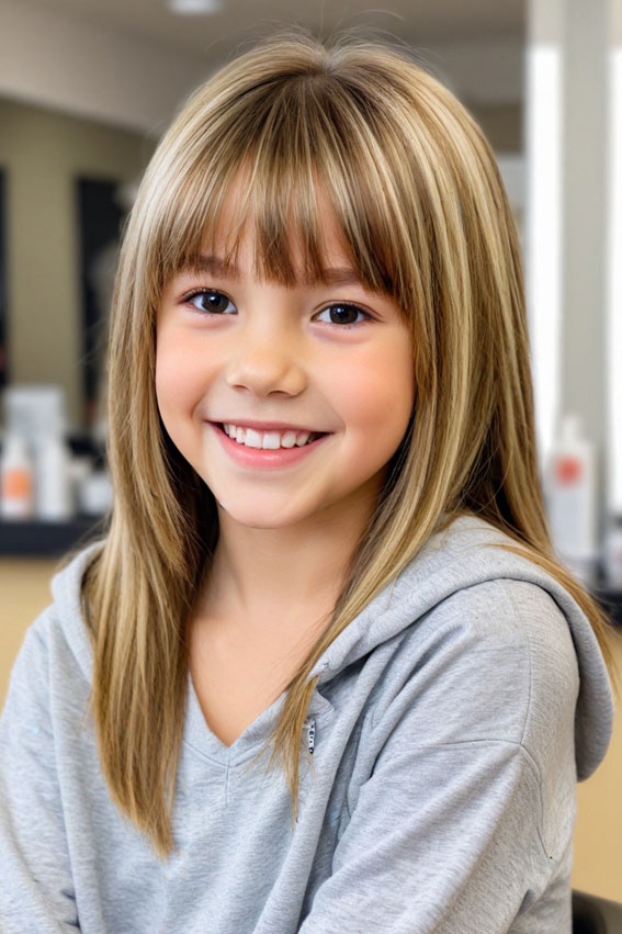 Sleek Shoulder-Length Layers with Bangs, 10 year old haircuts girl, 10 year old Haircuts girl long hair, 10 year old haircuts girl straight hair, 10 Year old Haircuts Girl medium length, Cute Girl Haircuts, Teenage girl Haircuts medium length, Hair cut for girls kids, Cute Haircuts for 10-Year-Old Girls