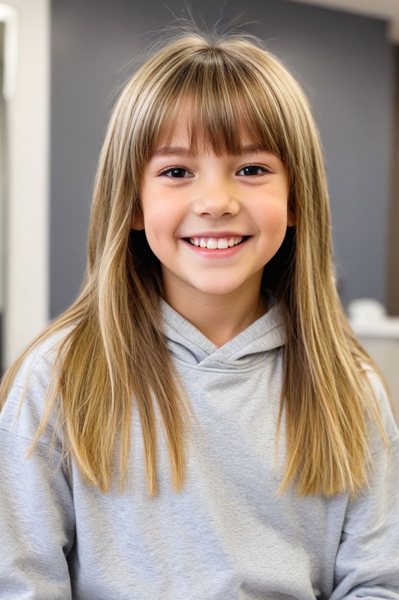 30 Cute Haircuts for 10-Year-Old Girls : Long Layers with Feathered Bangs