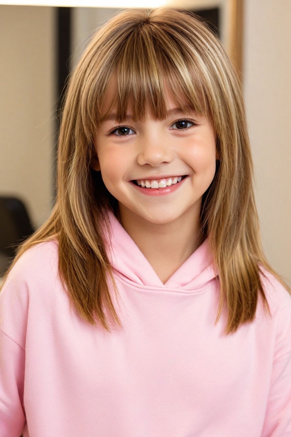 Straight Layers with Full Bangs, 10 year old haircuts girl, 10 year old Haircuts girl long hair, 10 year old haircuts girl straight hair, 10 Year old Haircuts Girl medium length, Cute Girl Haircuts, Teenage girl Haircuts medium length, Hair cut for girls kids, Cute Haircuts for 10-Year-Old Girls