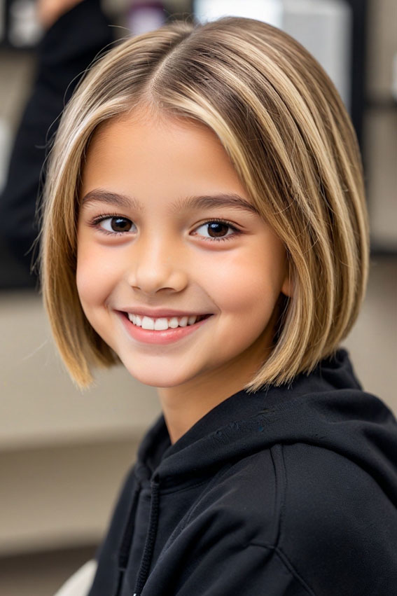 Blunt Bob with Subtle Highlights, 10 year old haircuts girl, 10 year old Haircuts girl long hair, 10 year old haircuts girl straight hair, 10 Year old Haircuts Girl medium length, Cute Girl Haircuts, Teenage girl Haircuts medium length, Hair cut for girls kids, Cute Haircuts for 10-Year-Old Girls