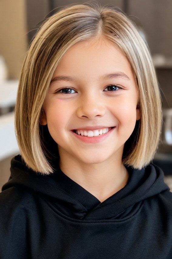 30 Cute Haircuts for 10-Year-Old Girls : Sleek Bob with Bright Face-Framing Highlights