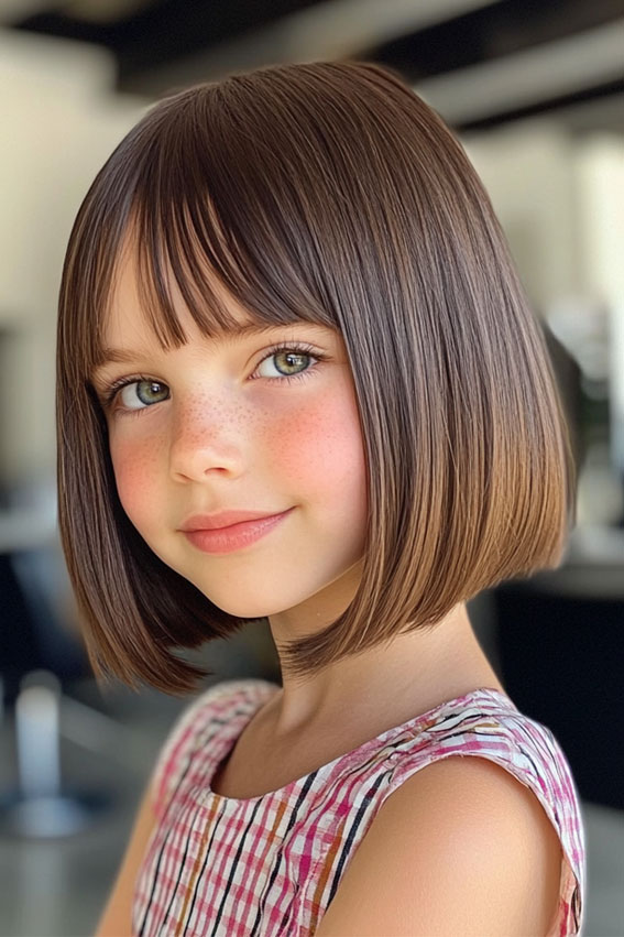 30 Cute Haircuts for 10-Year-Old Girls : Classic Chin-Length Bob with Wispy Bangs