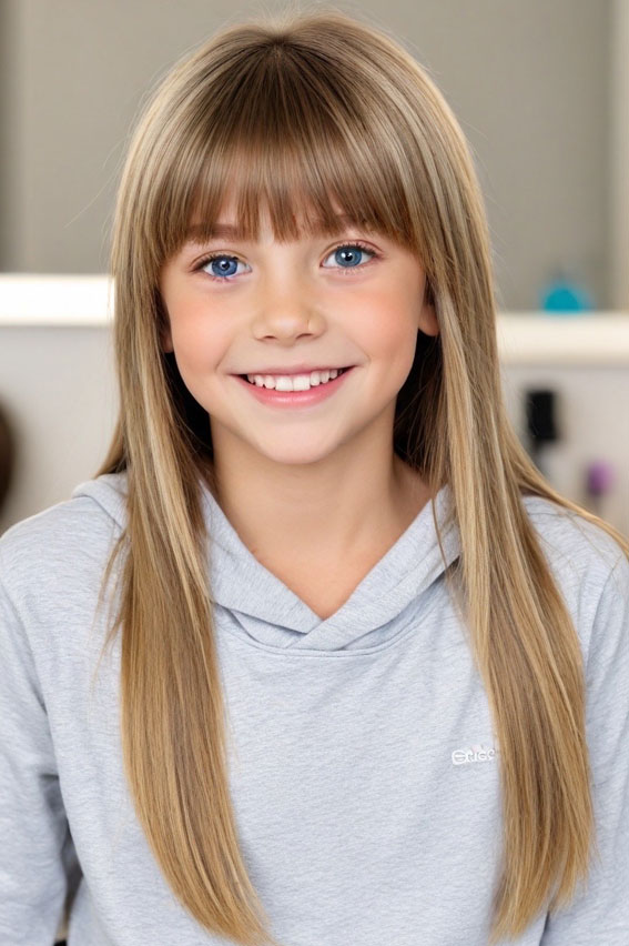 30 Cute Haircuts for 10-Year-Old Girls : Sleek Long Hair with Wispy Bangs