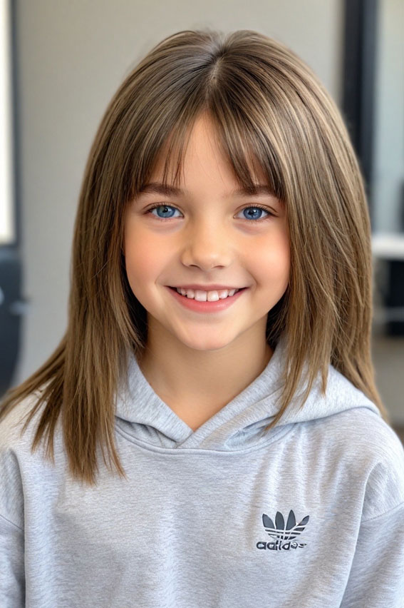 Layered Shag Cut with Bangs, 10 year old haircuts girl, 10 year old Haircuts girl long hair, 10 year old haircuts girl straight hair, 10 Year old Haircuts Girl medium length, Cute Girl Haircuts, Teenage girl Haircuts medium length, Hair cut for girls kids, Cute Haircuts for 10-Year-Old Girls