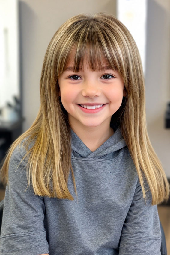 30 Cute Haircuts for 10-Year-Old Girls : Long Layers with Full Fringe