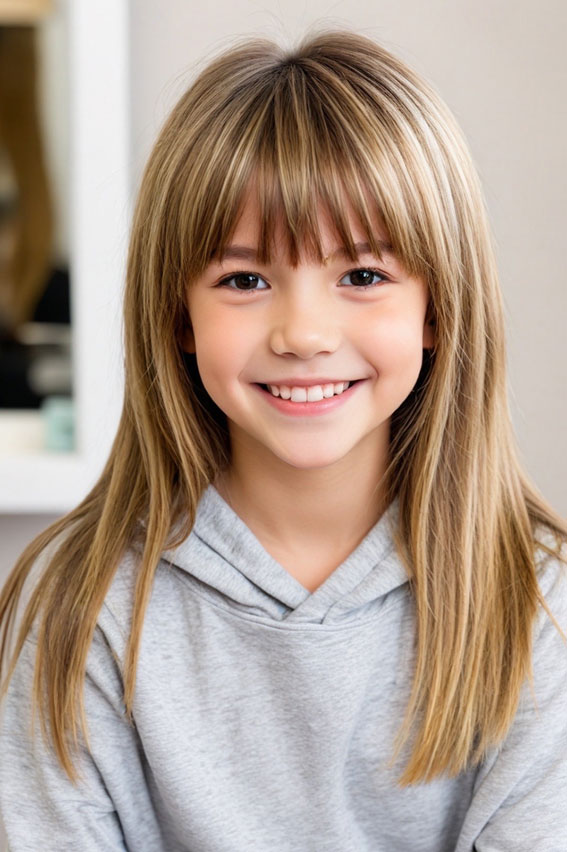 Long Sleek Layers with Full Bangs, 10 year old haircuts girl, 10 year old Haircuts girl long hair, 10 year old haircuts girl straight hair, 10 Year old Haircuts Girl medium length, Cute Girl Haircuts, Teenage girl Haircuts medium length, Hair cut for girls kids, Cute Haircuts for 10-Year-Old Girls