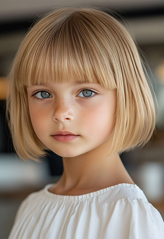 30 Cute Haircuts for 10-Year-Old Girls : Golden Blonde Bob with Full Fringe