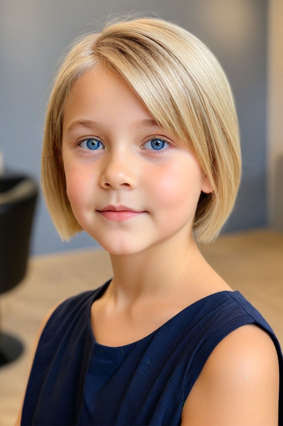 Classic Blonde Bob with Side Part , 10 year old haircuts girl, 10 year old Haircuts girl long hair, 10 year old haircuts girl straight hair, 10 Year old Haircuts Girl medium length, Cute Girl Haircuts, Teenage girl Haircuts medium length, Hair cut for girls kids, Cute Haircuts for 10-Year-Old Girls