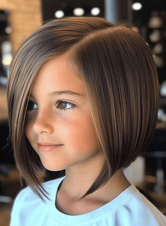 30 Cute Haircuts for 10-Year-Old Girls : Asymmetrical Angled Bob