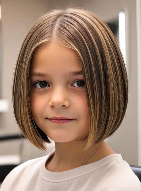 30 Cute Haircuts for 10-Year-Old Girls : Chin-Length Bob with Honey Highlights