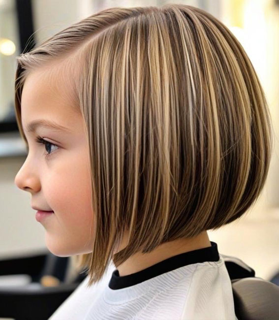 Dark Blonde Angled Bob with Subtle Highlights, Angled Bob Haircuts For Girls, bob haircut for girls, long bob cut for girl child, 10 year old bob haircuts girl, best haircut for girls, medium angled bob haircut for girl, long angled bob haircut for girl