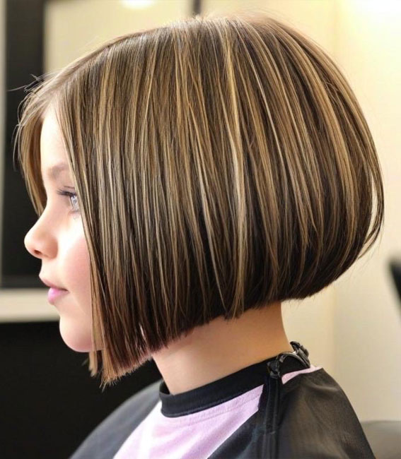 28 Angled Bob Haircuts For Girls : Dark Hair with Subtle Blonde Highlights