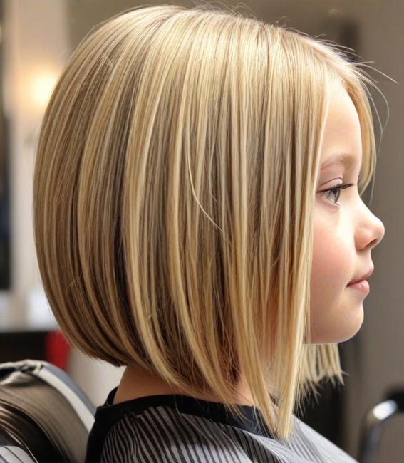 Soft Vanilla Long Angled Bob, Angled Bob Haircuts For Girls, bob haircut for girls, long bob cut for girl child, 10 year old bob haircuts girl, best haircut for girls, medium angled bob haircut for girl, long angled bob haircut for girl