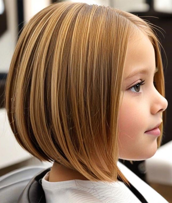 Angled Bob with Honey Highlights, Angled Bob Haircuts For Girls, bob haircut for girls, long bob cut for girl child, 10 year old bob haircuts girl, best haircut for girls, medium angled bob haircut for girl, long angled bob haircut for girl