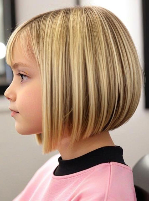 Soft Blonde Angled Bob with Wispy Bangs, Angled Bob Haircuts For Girls, bob haircut for girls, long bob cut for girl child, 10 year old bob haircuts girl, best haircut for girls, medium angled bob haircut for girl, long angled bob haircut for girl